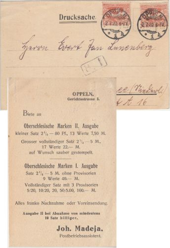 Abstimmung/Oberschlesien - 2x10 Pfg. Drucksache n. HOLLAND Oppeln 1920