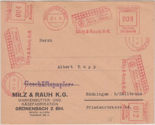 DR - Grönenbach 1938 4+8+12 Pfg. AFS Allgäuer Limburger Firmenbrief Milz&Rauh