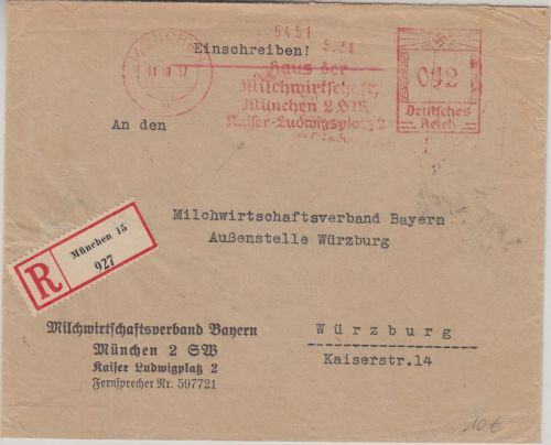 DR - München 15 1937 42 Pfg. AFS Haus d. Milchwirtschaft Einschreibebrief