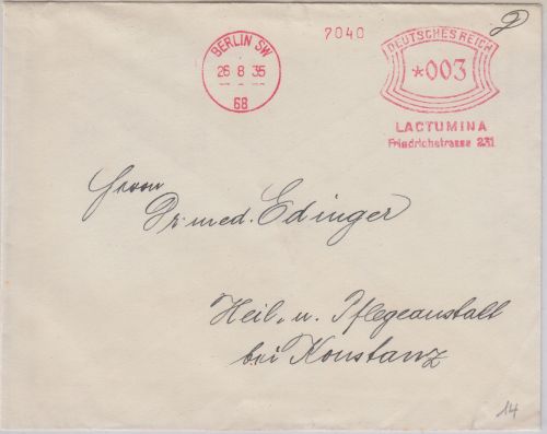 DR - Berlin SW68 1935 3 Pfg. AFS Lactumina Drucksache n. Konstanz