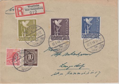 All.Bes./Währungsreform - 5 M. Taube u.a. Einschreibebrief Westheim 22.6.48