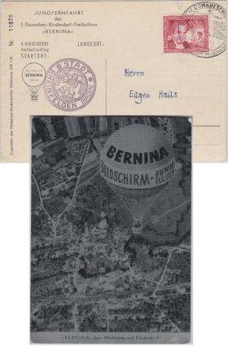 BRD - 1. Dt. Kinderdorf Freiballon Bernina Jungfernfahrt Ballonpostkarte 1959