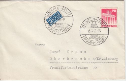 Bizone - (22c) Köln-Deutz 1950 Frühjahrs-Messe SST Brief n. Oberbrechen