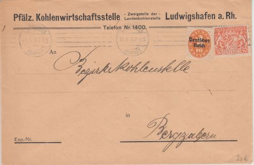 Bayern/DR - 30 Pfg. Staatswappen u.a. MIF Dienstbrief Ludwigshafen 11.6.20