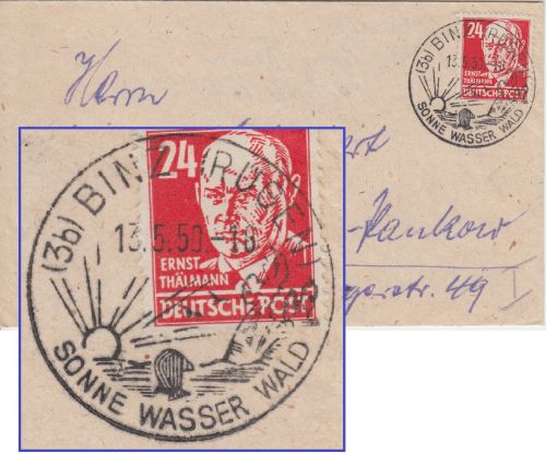 SBZ - (3b) Binz Rügen Sonne Wasser Wald 1950 Handwerbestempel Brief n. Berlin