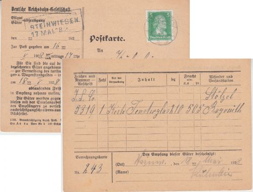 DR - 5 Pfg. Schiller Ortskarte/Frachtgutbenachrichtigung Steinwiesen 1928