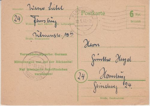 Bizone - 6 Pfg. Ganzsache Behelfsausgabe Flensburg - Hamburg 22.1.46