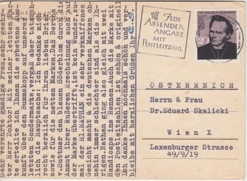 BRD - 20 Pfg. Söderblom Karte n. ÖSTERREICH Bonn - Wien 1966
