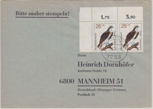 BRD - 2x25 Pfg. Jugend/Greifvöhel Paar/Bogenecke Brief Allensbach Mannheim 1977