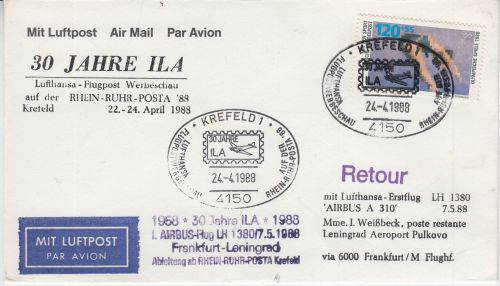 BRD - 120 Pfg. Sport/Kunstspringen Luftpostbrief/Sonderflug SST Krefeld 1988