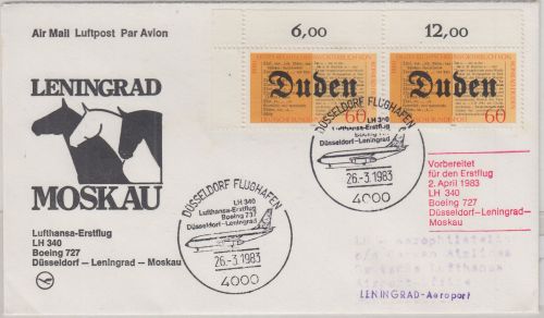 BRD - 2x60 Pfg. Duden Lufthansa Erstflug/Luftpostbrief Düsseldorf Leningrad 1983