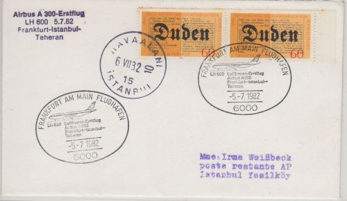 BRD - 2x60 Pfg. Duden Lufthansa Erstflug/Luftpostbrief Frankfurt Istanbul 1982