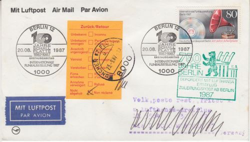 Berlin - 80 Pfg. Int. Funkausstellung Luftpostbrief/FDC Zuleitungspost 1987