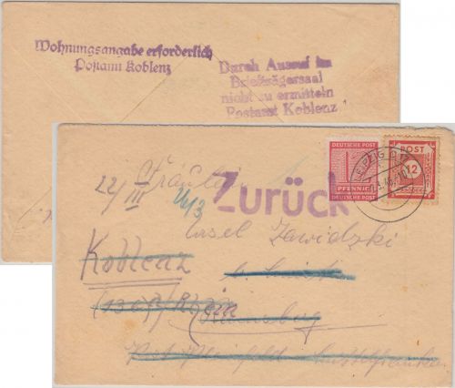 SBZ - 2x12 Pfg. Ost-/West-Sachsen Brief Leipzig - Pleinfeld 1946 Weiterleitung