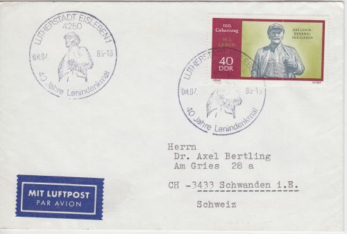DDR - 40 Pfg. 100. Geb. Lenin Luftpostbrief i.d. SCHWEIZ SST Eisleben 1985