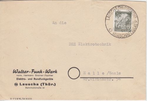 DDR - 20 Pfg. 5-Jahres-Plan I Firmenbrief Lauscha - Halle 1954