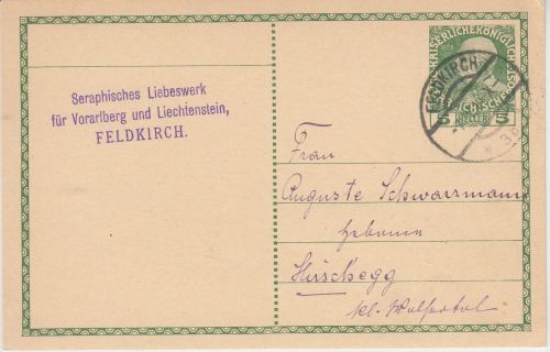 Österreich - 5 H. Ganzsache Feldkirch - Hirschegg/Kleinwalsertal 1914 Absender!