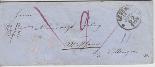 Schweiz/Württemberg - Genf 1862 Portobrief n. Mühlheim OA Tuttlingen