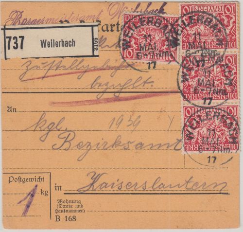 Bayern - 4x10 Pfg. Staatswappen Paketkarte Weilerbach - Kaiserslautern 1917