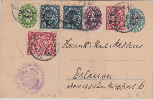 Bayern/DR - 10 Pfg. Staatswappen + Zusatz/Ganzsache Ortskarte Erlangen 1922 (!)