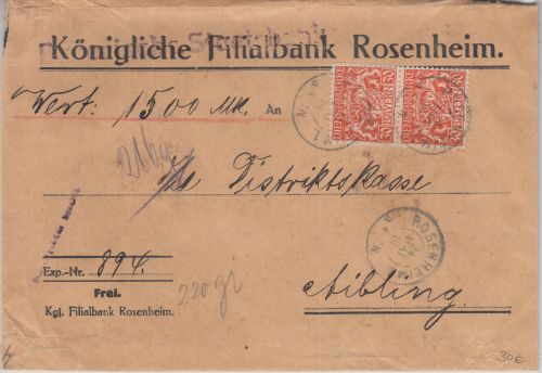 Bayern - 2x30 Pfg. Staatswappen Wertbrief Rosenheim - Bad Aibling 1919