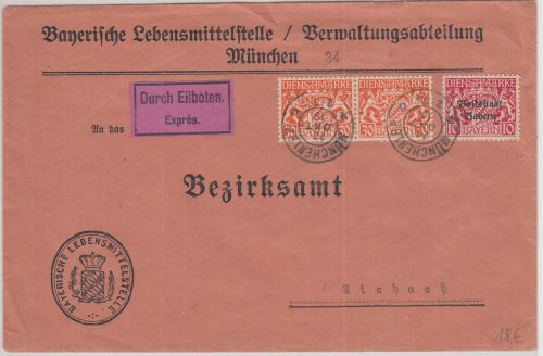 Bayern - 2x30 Pfg. Staatswappen Eilbrief München - Aichach 1919