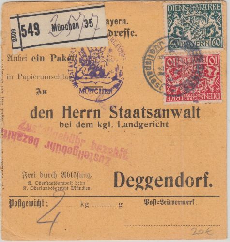 Bayern - 60+10 Pfg Staatswappen Paketkarte München 35 - Deggendorf 1917