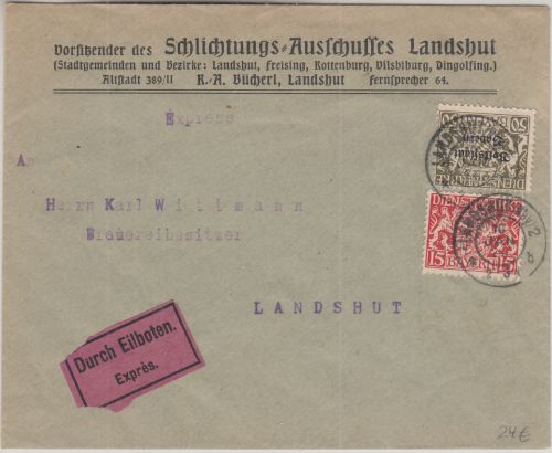 Bayern - 50 Pfg Staatswappen/Volksstaat u.a. Orts-Eilbrief Landshut 10. JAN 20