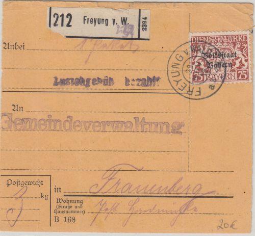 Bayern - 75 Pfg Staatswappen/Volksstaat Paketkarte Freyung v/W. - Fraunberg 1919