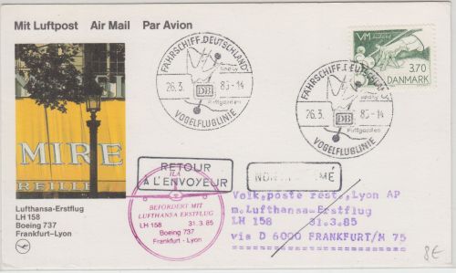Dänemark - 3,70 K. Billiard WM Schiffspost Zuleitung LH-Erstflug FFM - Lyon 1985