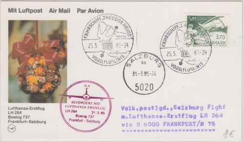 Dänemark 3,70 K. Billiard WM Schiffspost Zuleitung LH-Erstflug FFM Salzburg 1985