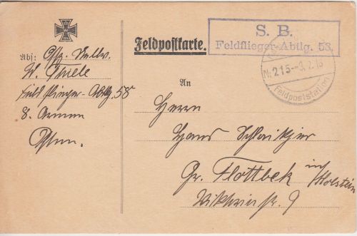 DR - Fliegerabteilung 53 Ra2 Feldpostkarte Fp.Stat. 215 (Osten) 1916