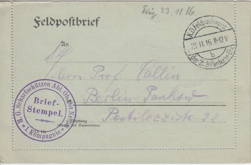 DR - M.G. Scharfschützen Abt. Ob.Ost Nr. 58 Feldpostbrief n. Berlin 1916