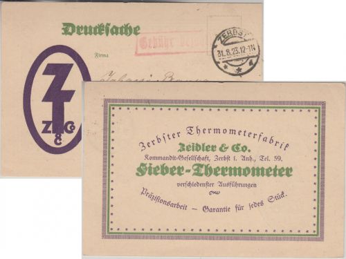 DR-Infla - Zerbst 31.8.23 Gebühr bezahlt Ra1 illustr. Firmendrucksache n Hamburg