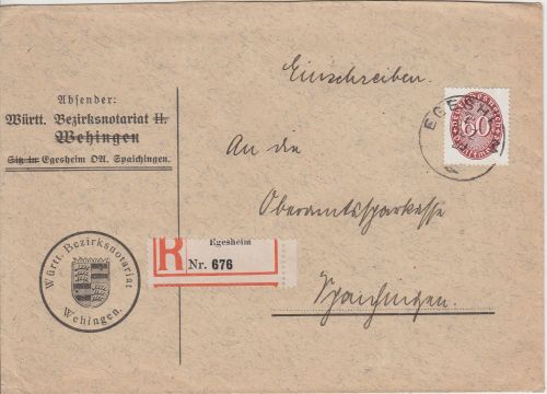 DR - 60 Pfg. Strohhut Einschreibebrief Egesheim - Spaichingen 1929