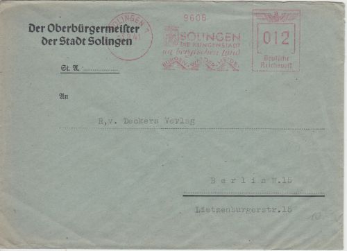 DR - Solingen 1941 12 Pfg. AFS "Die Klingenstadt" Brief n. Berlin
