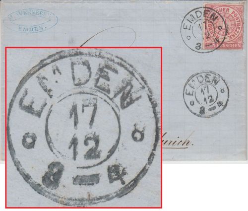 NDP/Hannover - Emden 17/11 nachv. hann. K2 Brief 1 Gr./dst. n. Aurich 1868
