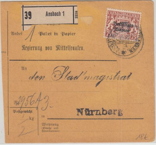 Bayern - 75 Pfg Staatswappen/Volksstaat Paketkarte Ansbach - Nürnberg 1920