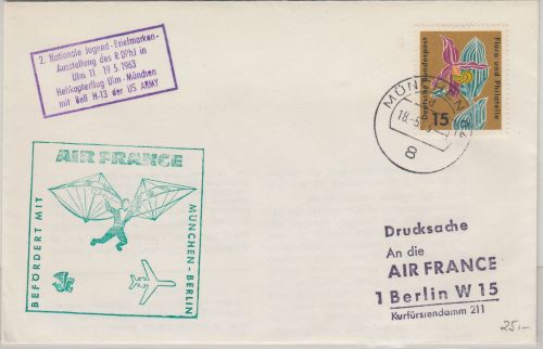 BRD - Helikopterpost Ulm München 1963 Zuleitung Air France Flug München - Berlin