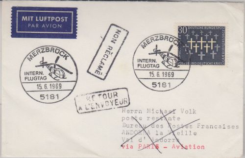 BRD - Merzbruck Intern. Flugtag Hubschrauber Luftpostbrief n. ANDORRA 1969