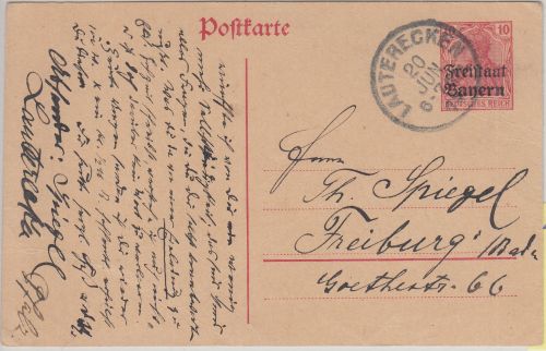 Bayern - 10 Pfg. Germania/Freistaat K1 Lauterecken 20. JUN 19 n. Freiburg