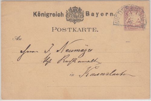 Bayern - Niederkrichen 19/9 HKS 5 Pfg. Ganzsache n. Kaiserslautern 1880