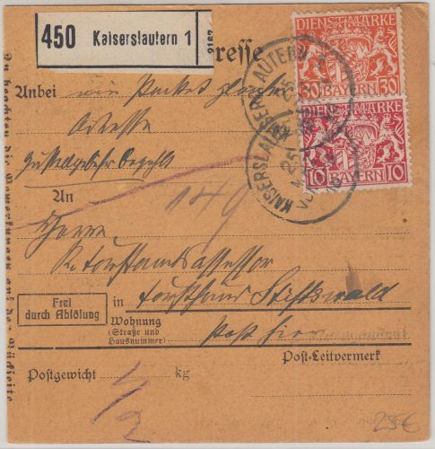 Bayern - 30+10 Pfg. Staatswappen Orts-(!)-Paketkarte Kaiserslautern 1918