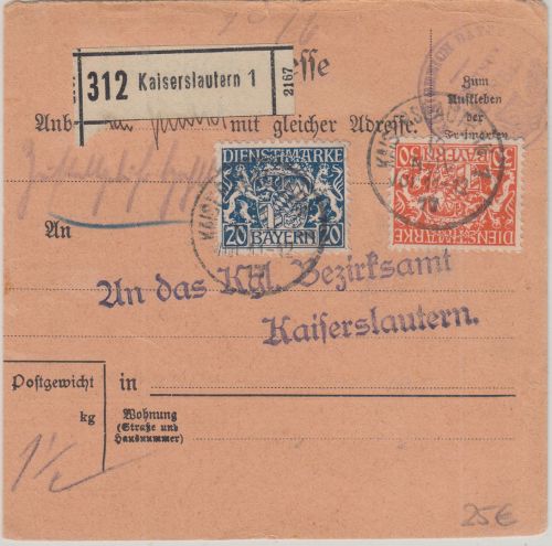 Bayern - 30+20 Pfg. Staatswappen Orts-(!)-Paketkarte Kaiserslautern 1917