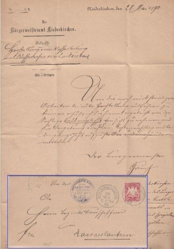 Bayern - Niederkirchen b. Kaisersl. 1890 K1 10 Pfg Wappen Brief n Kaiserslautern