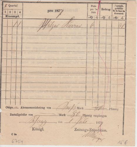 Bayern - Schopp 1877 Zeitungsbestellquittung "Pfälzer Kurier"