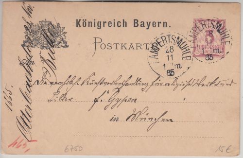 Bayern - Lampertsmühle 28/11 85 K1 5 Pfg. Ganzsache n. München