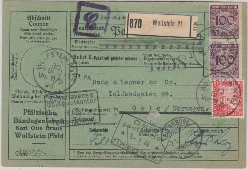 DR - 2x100 Pfg. Korbdeckel u.a. Paketkarte n. NORWEGEN Wolfstein - Oslo 1925