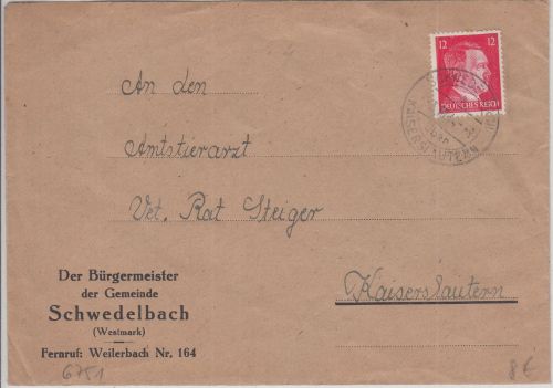 DR - Schwedelbach ü. Kaiserslautern Poststelle I Brief n. Kaiserslautern 5.10.44