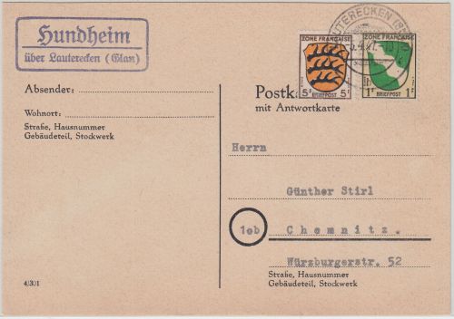 FZ/Allg. - Hundheim ü. Lauterecken (Glan) Landpost-Ra2 Karte n. Chemnitz 1947